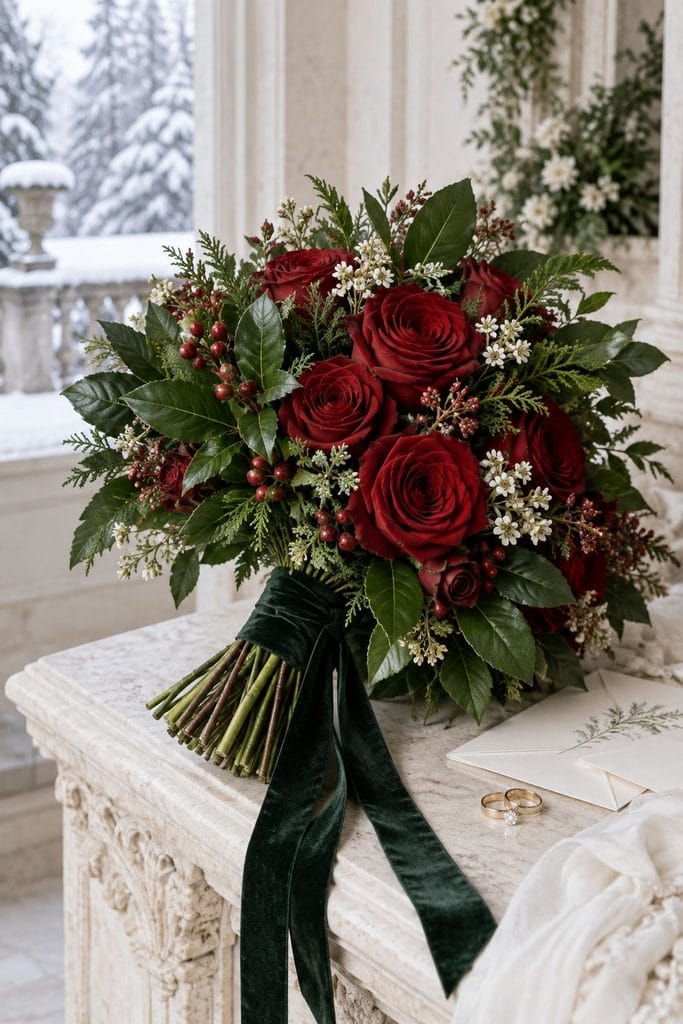 Winter wedding bouquet of crimson roses framed by glossy emerald camellia and laurel leaves