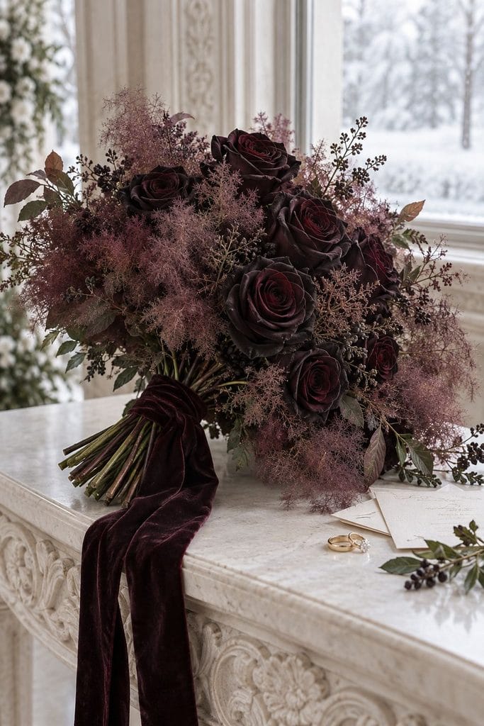 Dramatic wedding bouquet of near-black baccara roses with wispy smoke bush foliage