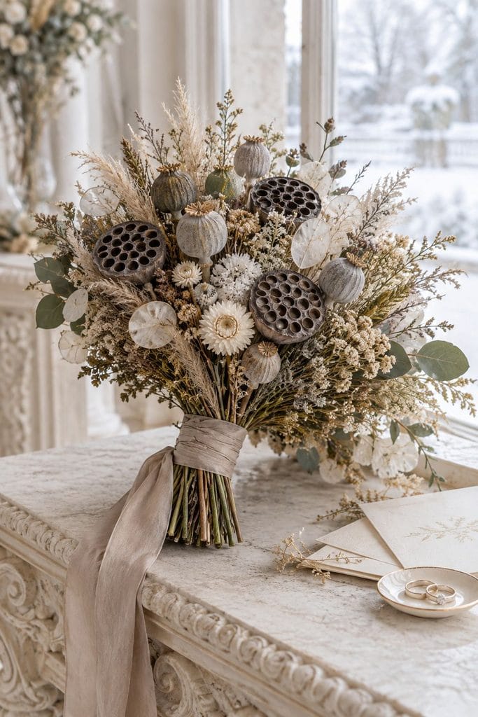 Dried wedding bouquet of sculptural lotus pods and poppy pods in sage, tan, and gray