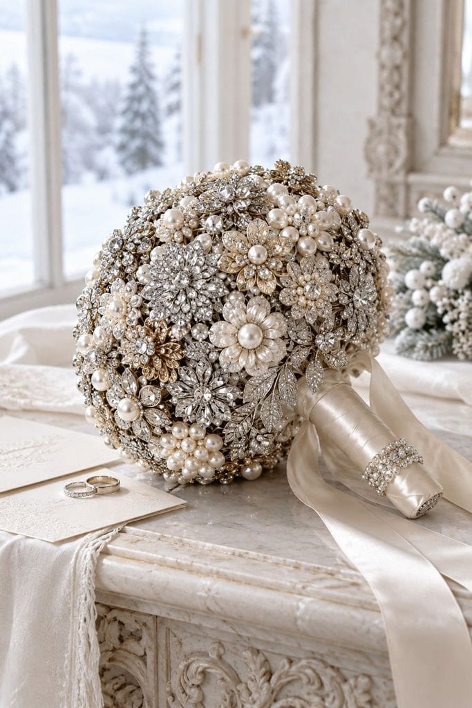 Sparkling keepsake wedding bouquet made of vintage brooches, pearls, and crystals