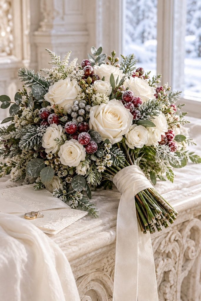 Winter wedding bouquet of ivory roses, sugared cranberries, and frosted fir tips