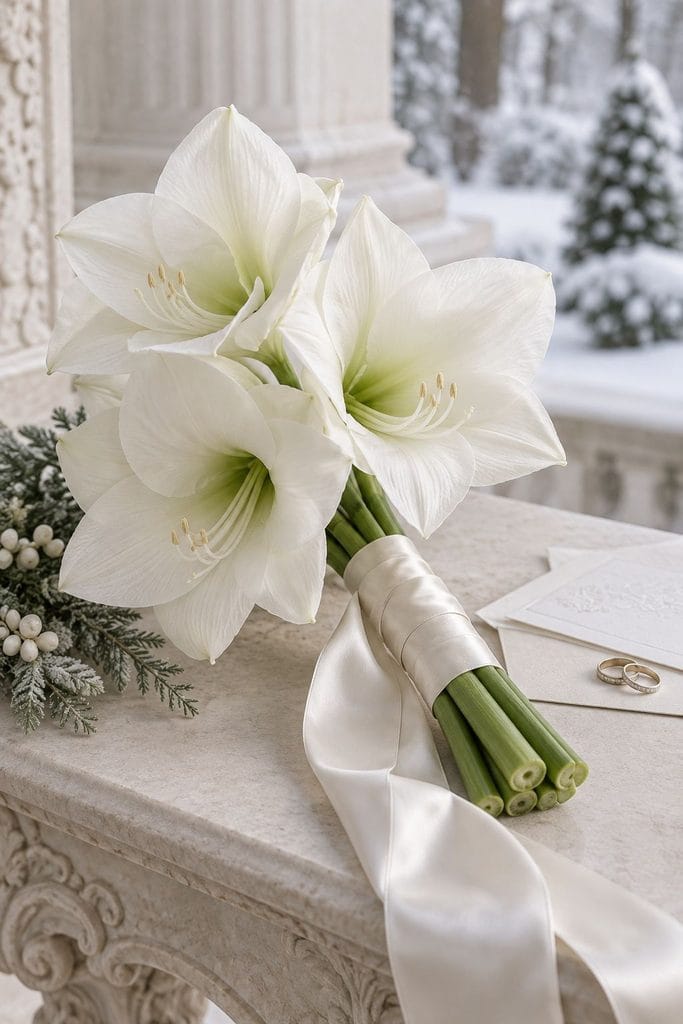 All-white amaryllis winter wedding bouquet of three large blooms wrapped in satin ribbon