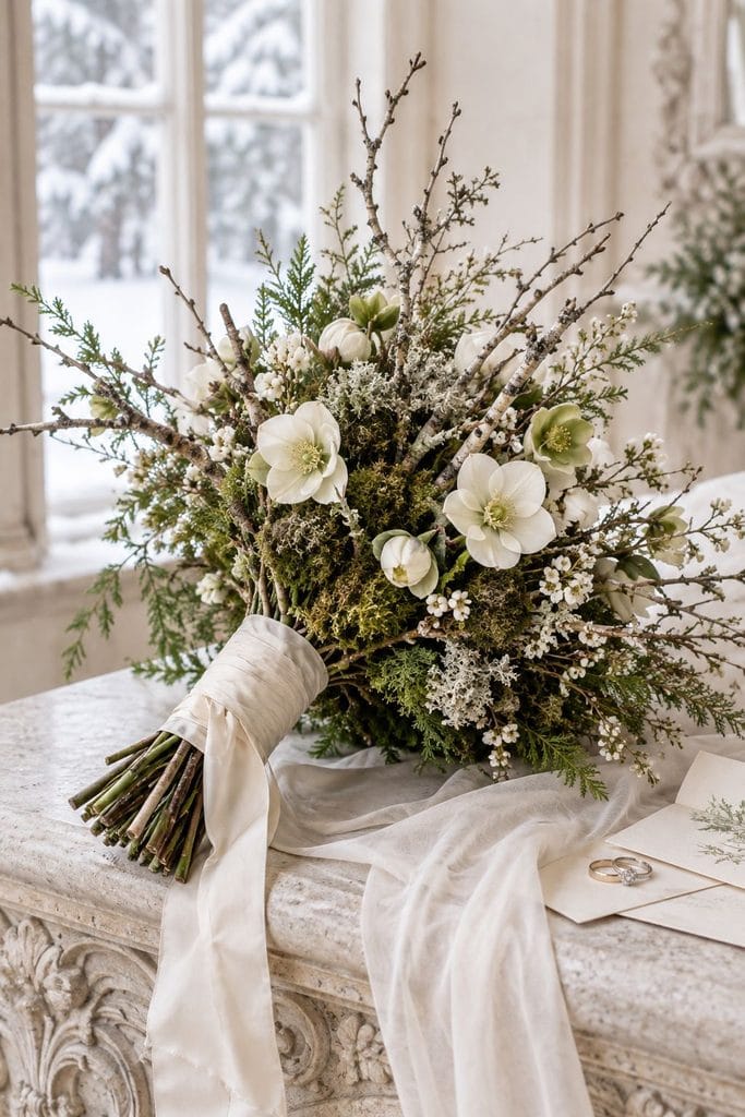 Woodland wedding bouquet of white birch twigs, green moss, and lichen
