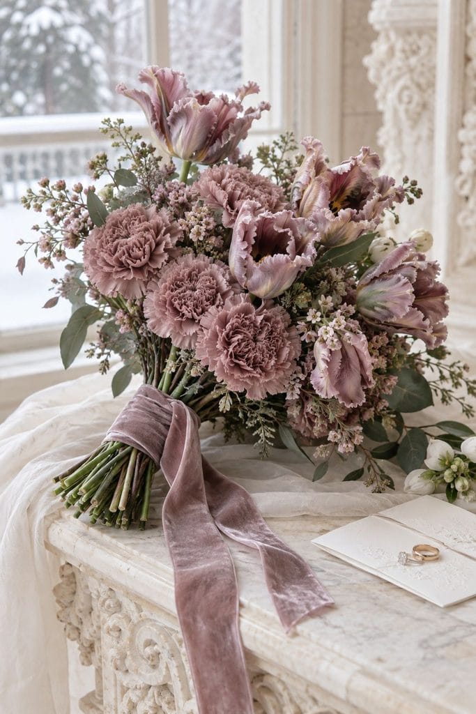 Vintage-style wedding bouquet of frilly mauve carnations and ruffled tulips
