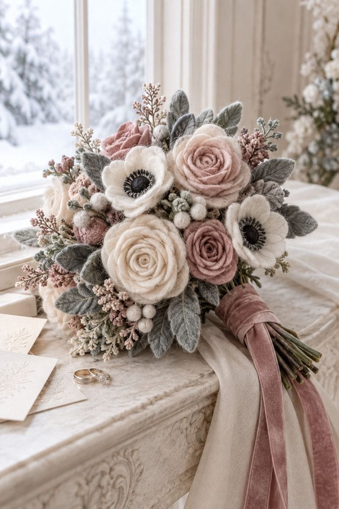 Soft felted wool flower wedding bouquet in cream, gray, and dusty rose