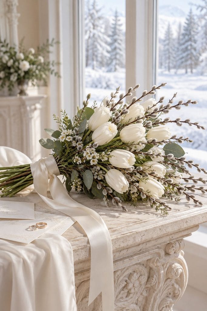 Presentation bouquet of long curved pussy willow stems and cream tulips held in the crook of an arm