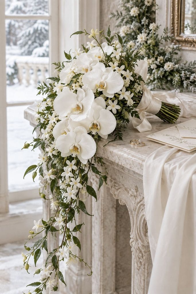 Cascading ivory phalaenopsis orchid bridal bouquet with a curling jasmine vine