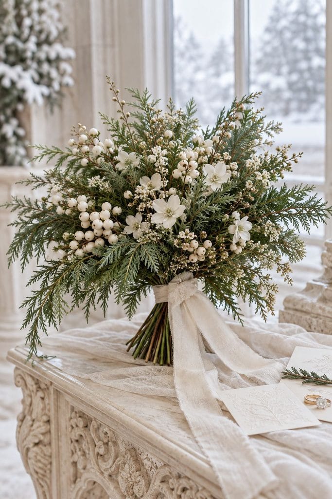 Evergreen wedding bouquet of feathery cedar boughs and pale berries tied with twine