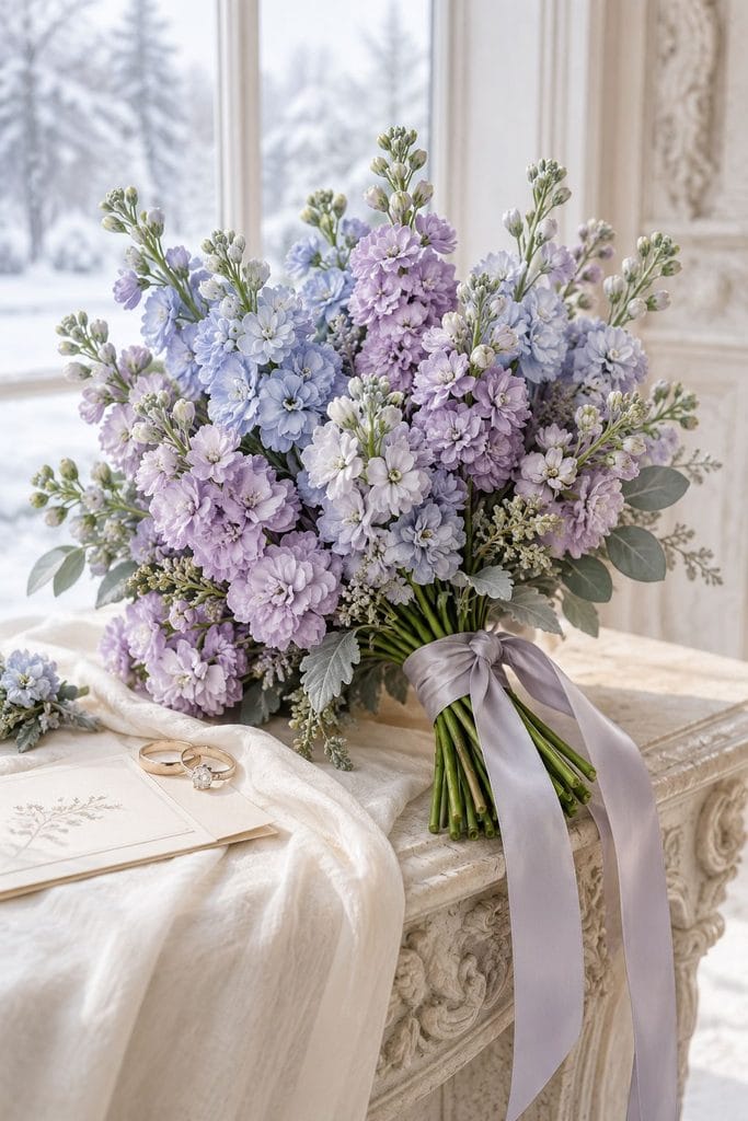 Dense winter wedding bouquet of icy lilac and powder blue stock flowers