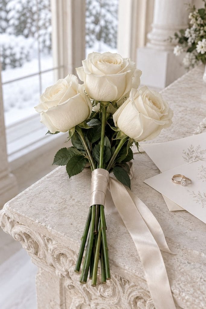 Minimalist elopement bouquet of three long-stem roses wrapped in satin ribbon