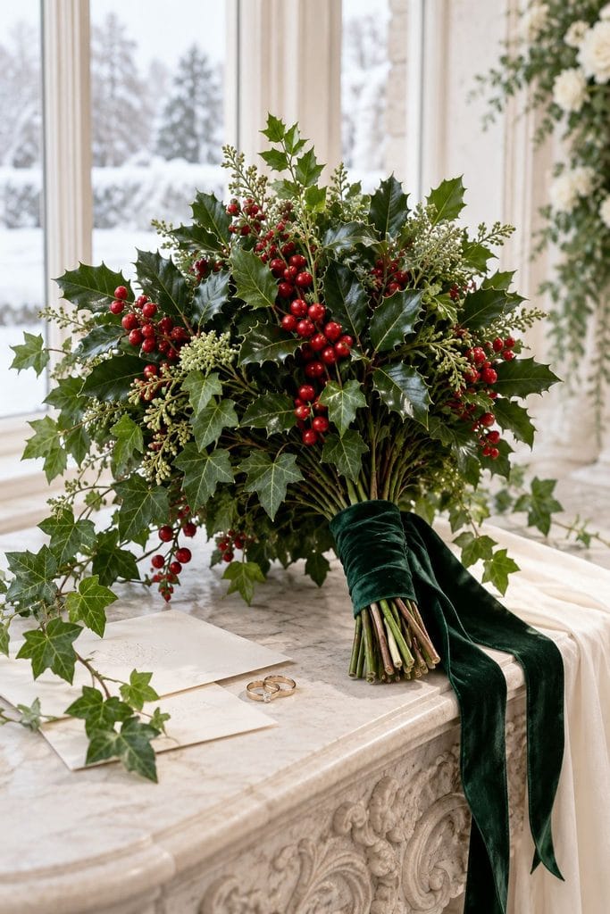 Traditional winter wedding bouquet of holly leaves, trailing ivy, and bright red berries