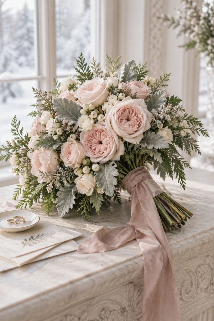 Romantic wedding bouquet of blush garden roses with velvety silver dusty miller leaves