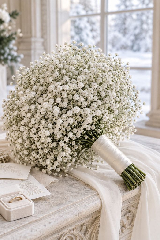 Budget winter wedding bouquet of fluffy, tightly packed white baby's breath