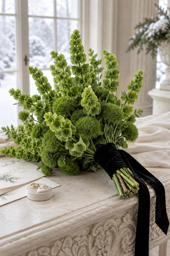Modern all-green wedding bouquet of bells of Ireland and green trick dianthus