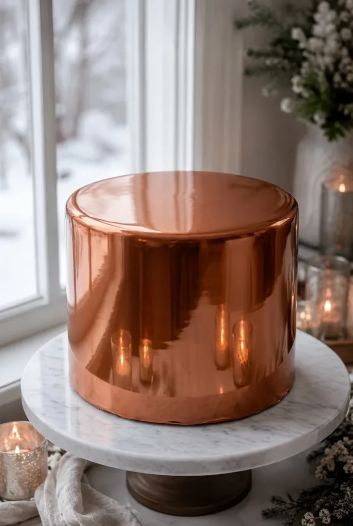 A single striking tier finished in a high-gloss copper mirror glaze, reflective enough to show a soft blur of the surrounding candlelight.