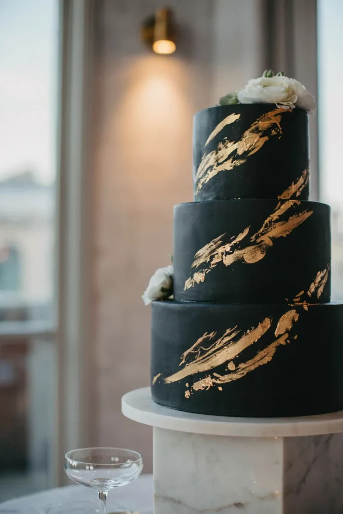 A deep emerald fondant cake with irregular fragments of real gold leaf applied by hand across the surface, catching light unevenly like scattered foil.