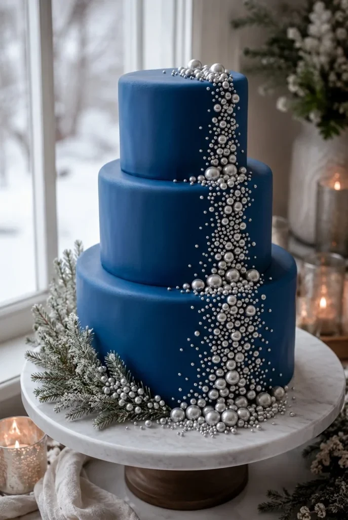 A deep sapphire blue fondant cake with clusters of silver dragees cascading down one side like a spill of tiny stars.