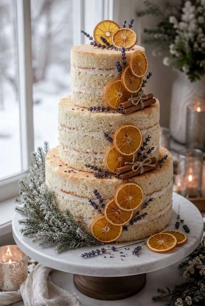 A naked cake with almost no frosting between layers, decorated with dried orange wheels, whole cinnamon sticks, and a few sprigs of dried lavender.