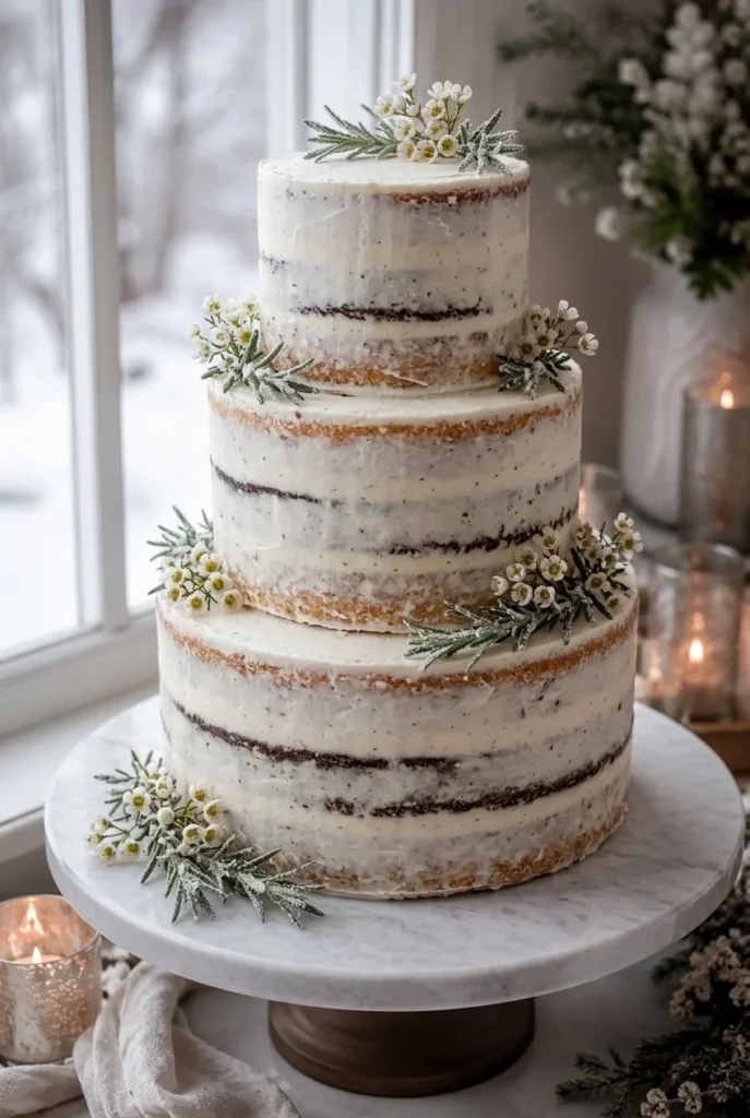 A semi-naked cake with visible cake layers peeking through a thin layer of frosting, decorated with sprigs of sugared rosemary and small white blooms.