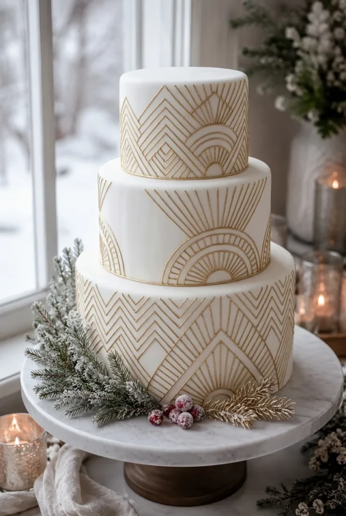 A crisp white fondant cake with fine, hand-piped gold geometric linework wrapping each tier in a modern art deco pattern.