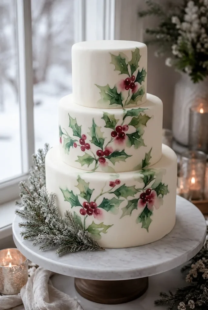 An ivory fondant cake hand-painted with a loose watercolor pattern of holly leaves and berries, colors bleeding softly at the edges like an actual watercolor painting.