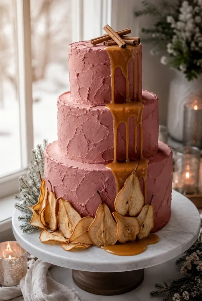 A dusty rose buttercream cake with a warm amber caramel drip down the sides and dried pear slices arranged at the base, styled with a few cinnamon sticks tucked into the top tier.