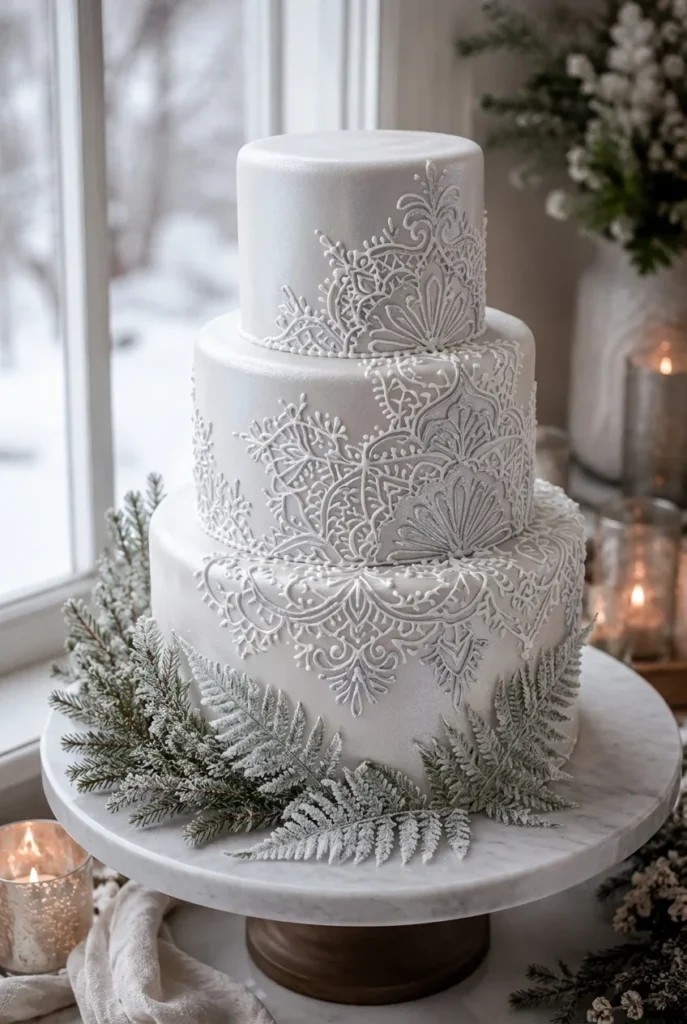 A pale silver-white cake with delicate piped royal icing lace resembling frost patterns on a windowpane, with a few real frosted fern leaves pressed against the base tier.