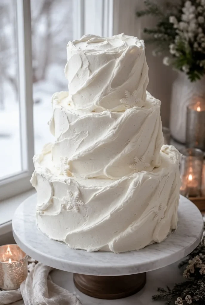 A soft white buttercream cake with a cascade of frosted, sugar-dusted cranberries spilling down two of the three tiers, catching the light like tiny garnets.