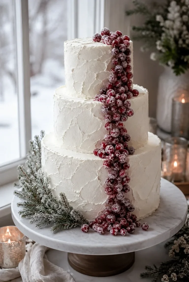 A three-tier winter wedding cake with textured white buttercream, sugared cranberries cascading down one side, and a few sprigs of frosted greenery tucked at the base, styled on a marble stand with soft winter light coming through a window.