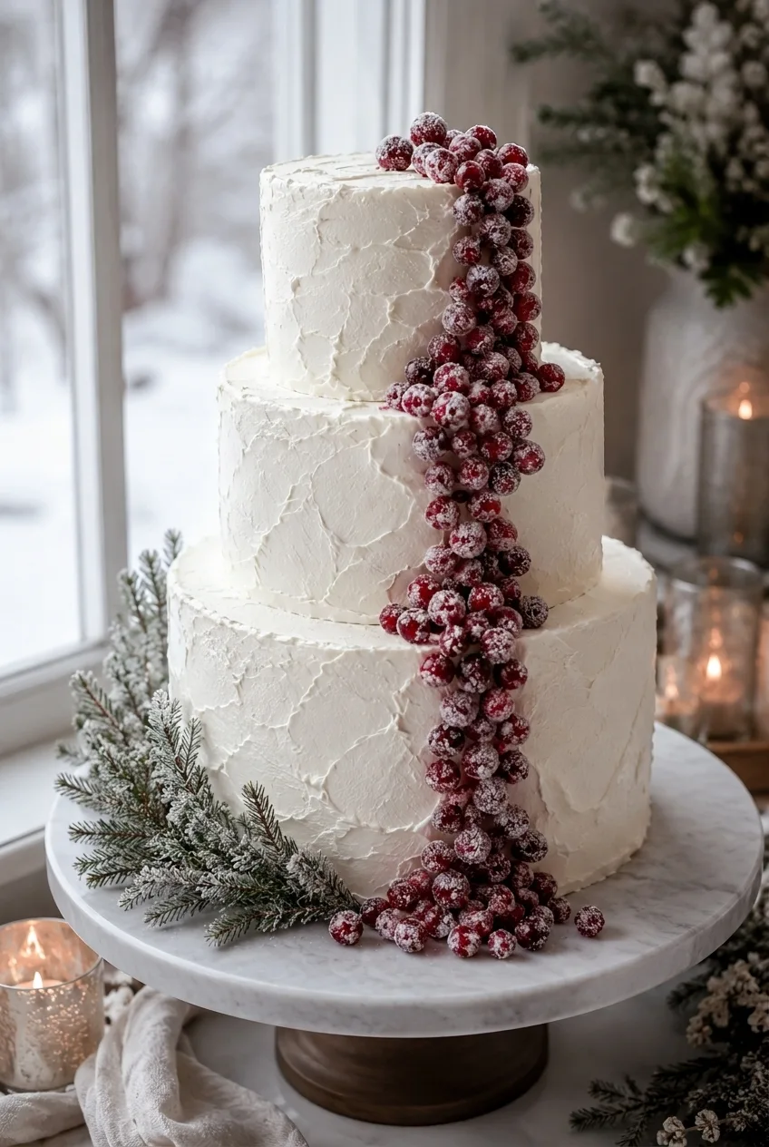A three-tier winter wedding cake with textured white buttercream, sugared cranberries cascading down one side, and a few sprigs of frosted greenery tucked at the base, styled on a marble stand with soft winter light coming through a window.