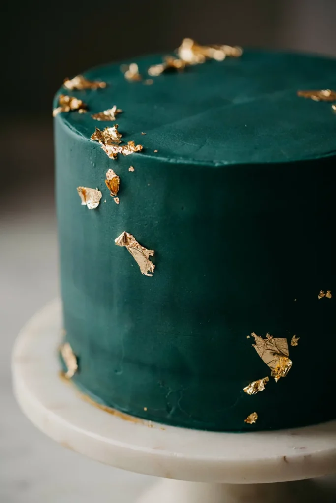 A deep emerald fondant cake with an ultra-smooth, velvet-like matte finish, topped with a single white orchid.