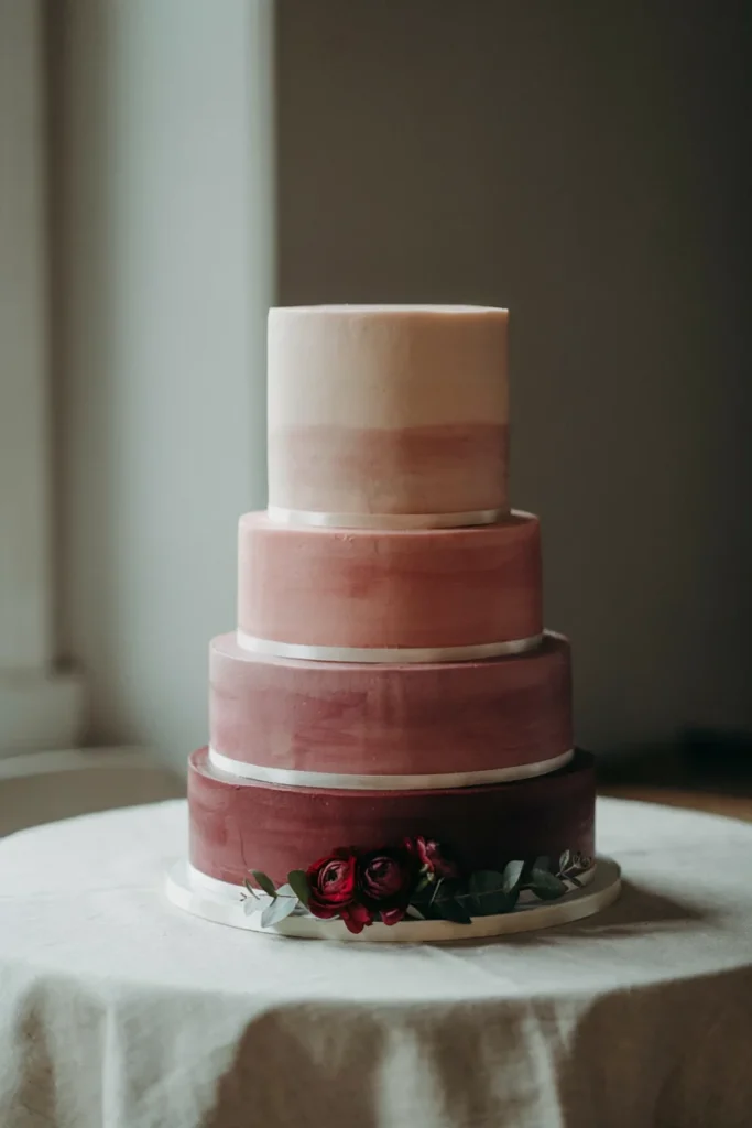 A cake with a smooth ombré fade from pale blush at the top tier to deep burgundy at the base, matte finish throughout.