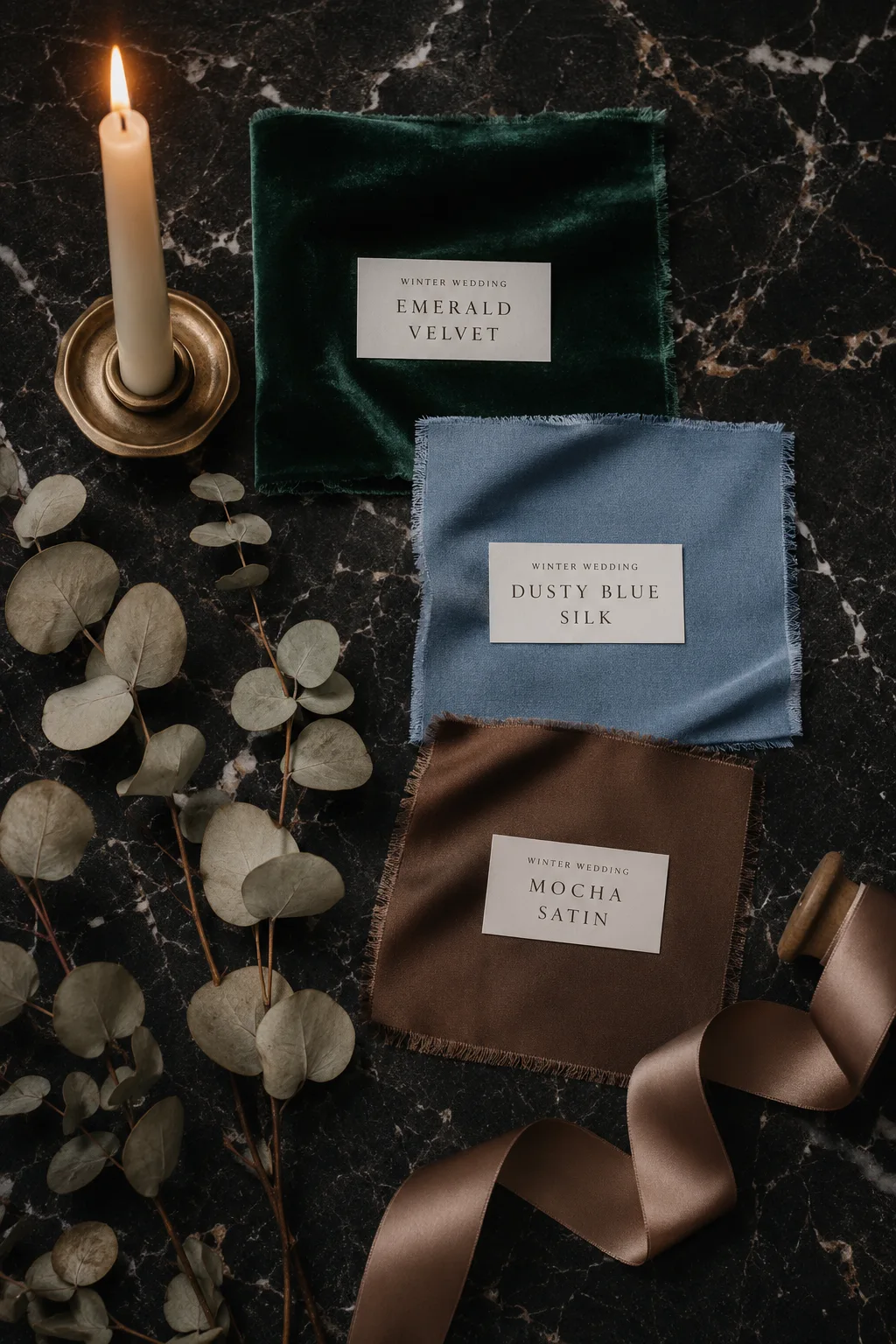 Overhead flat-lay of three winter wedding color swatches — deep emerald velvet, dusty blue silk, and mocha satin ribbon — next to a lit taper candle and dried eucalyptus stems on dark marble. Moody, editorial lighting.