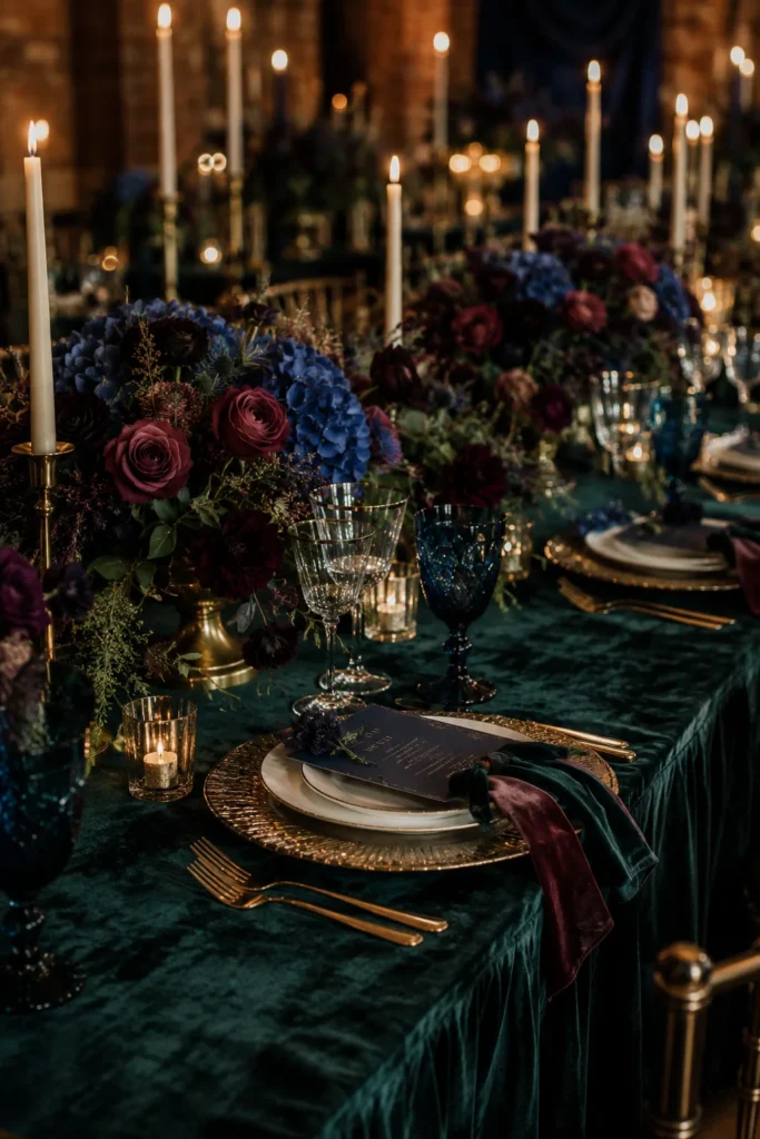 Candlelit reception table with emerald velvet linens, sapphire and plum florals, and gold-rimmed place settings for a jewel tone winter wedding