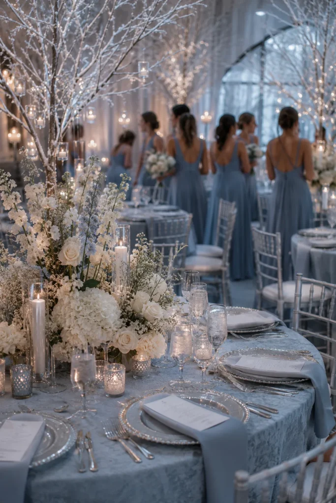 Winter wonderland wedding reception with dusty blue gowns, silver chargers, and ivory florals against bare snow-dusted branches
