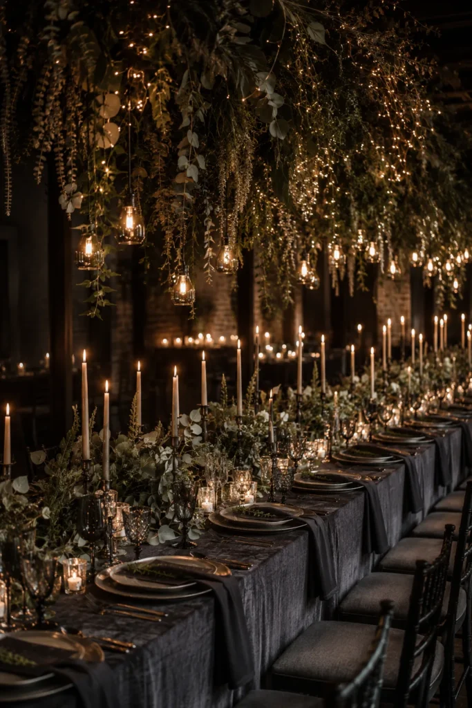 Moody evergreen and charcoal winter wedding reception with trailing greenery installation and pewter dinnerware