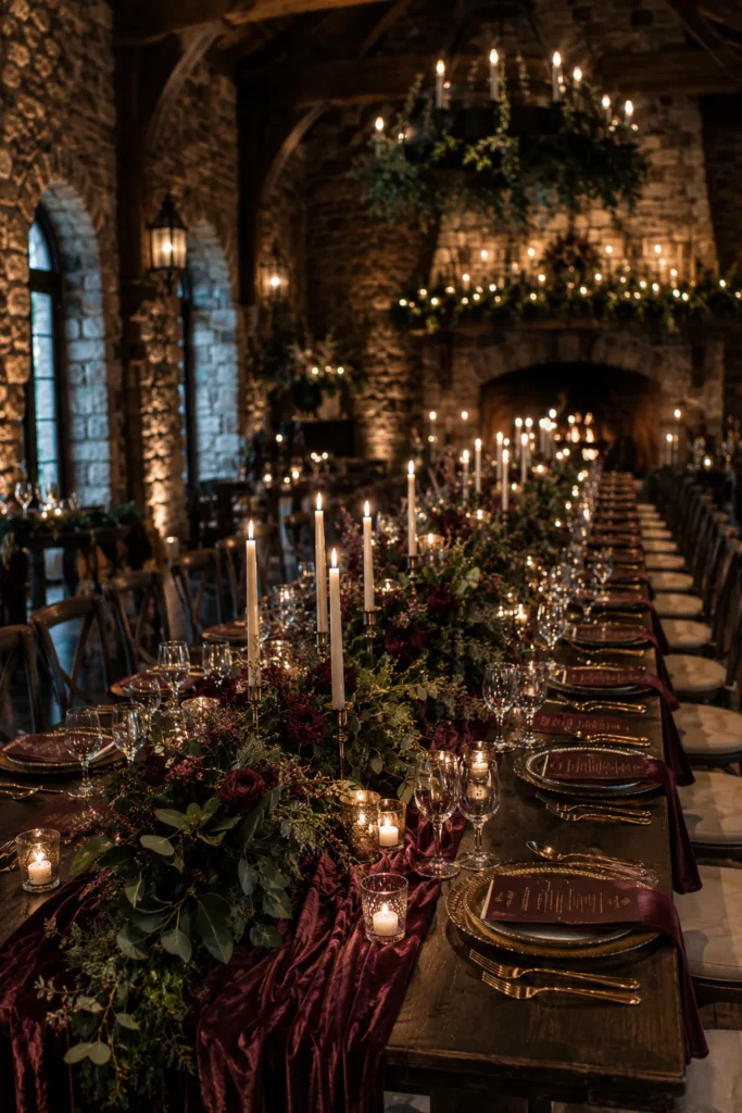 Cozy burgundy and forest green winter wedding table with velvet runners and gold cutlery in a stone estate hall