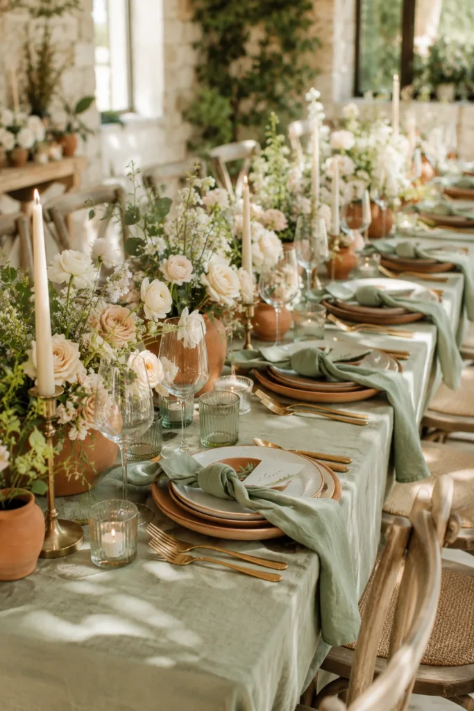 Sage, terracotta, cream, and gold wedding tablescape styled under natural daylight
