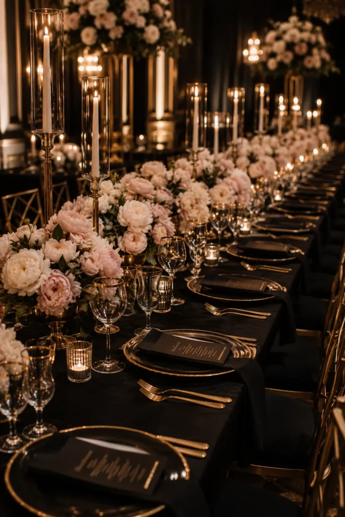 Black-tie wedding reception with black tablecloths, blush peony centerpieces, and gold candlesticks