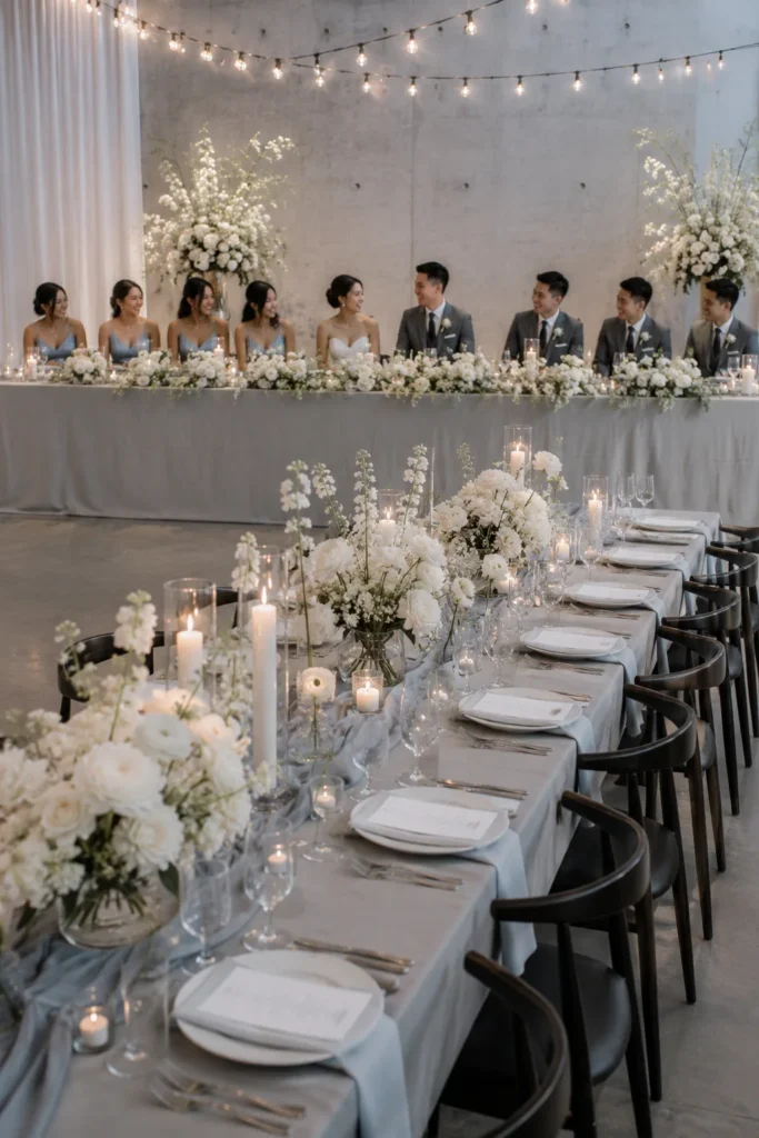Minimalist icy blue and slate winter wedding with cloud-white florals and soft string lighting