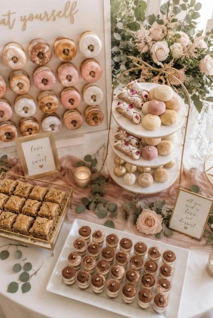 A dessert table featuring cannoli, mochi, baklava, and mini tiramisu cups, celebrating a mix of cultural sweets