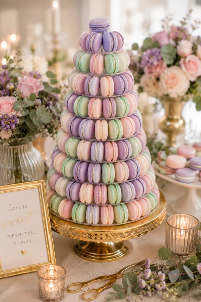 A pastel-colored macaron tower in shades of lavender, blush, and mint, arranged in a cone shape on a gold stand