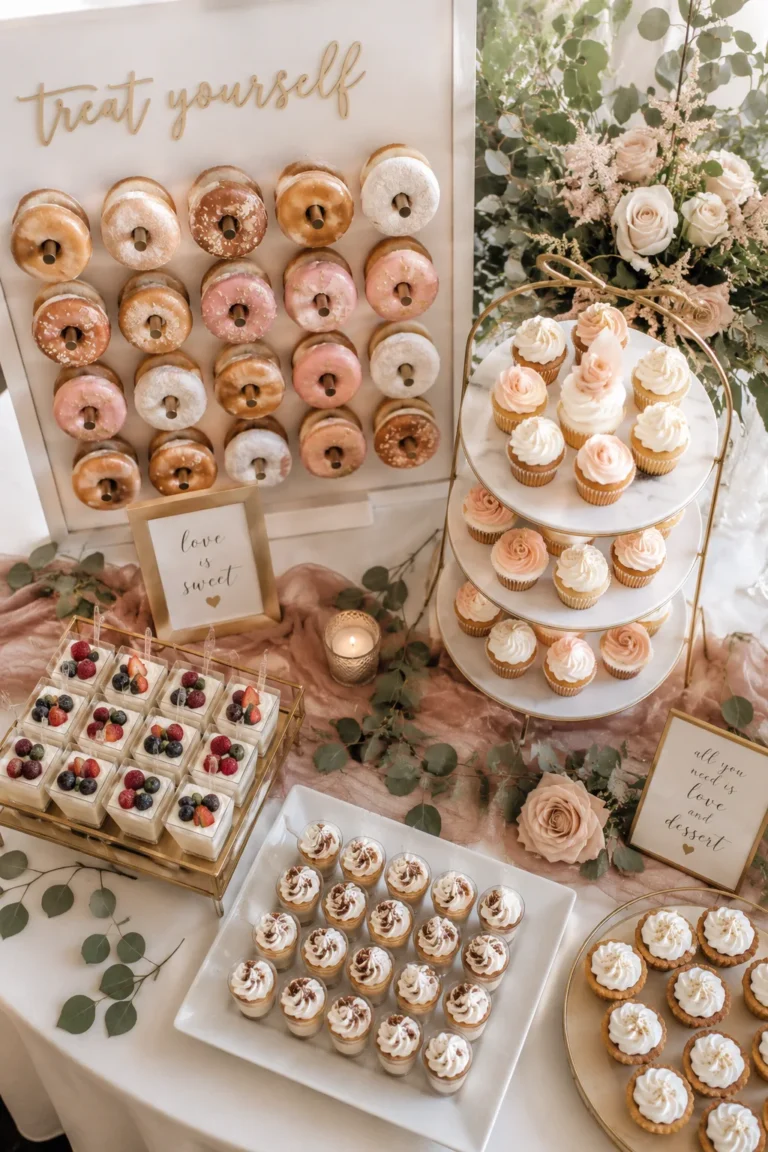 An overhead shot of a styled wedding dessert table with a donut wall, tiered cupcake stand, and mini dessert cups arranged together, soft natural light, blush and gold accents