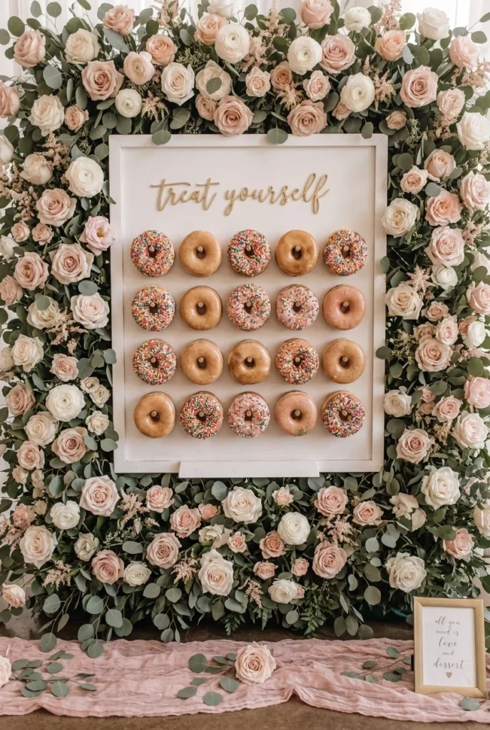 A white wooden donut wall mounted against a floral backdrop, hung with glazed and sprinkle-covered donuts