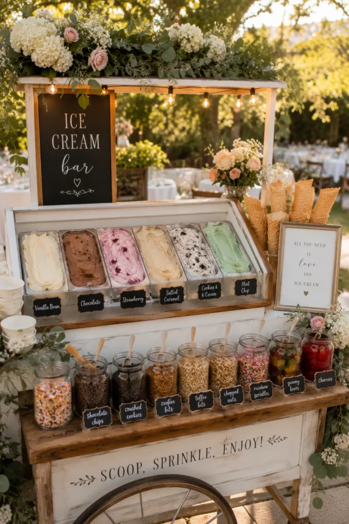 A summer reception ice cream cart with scoopable flavors, waffle cones, and a toppings station in glass jars