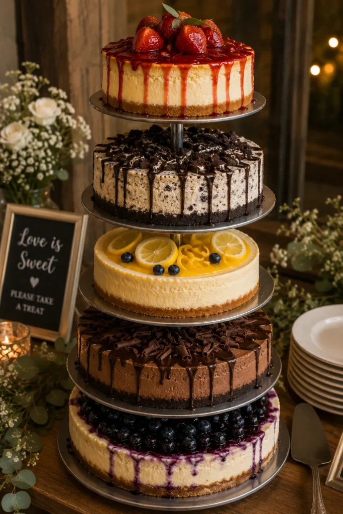 A tall stacked display of full cheesecakes in different flavors, each layer garnished with fruit compote or chocolate drizzle