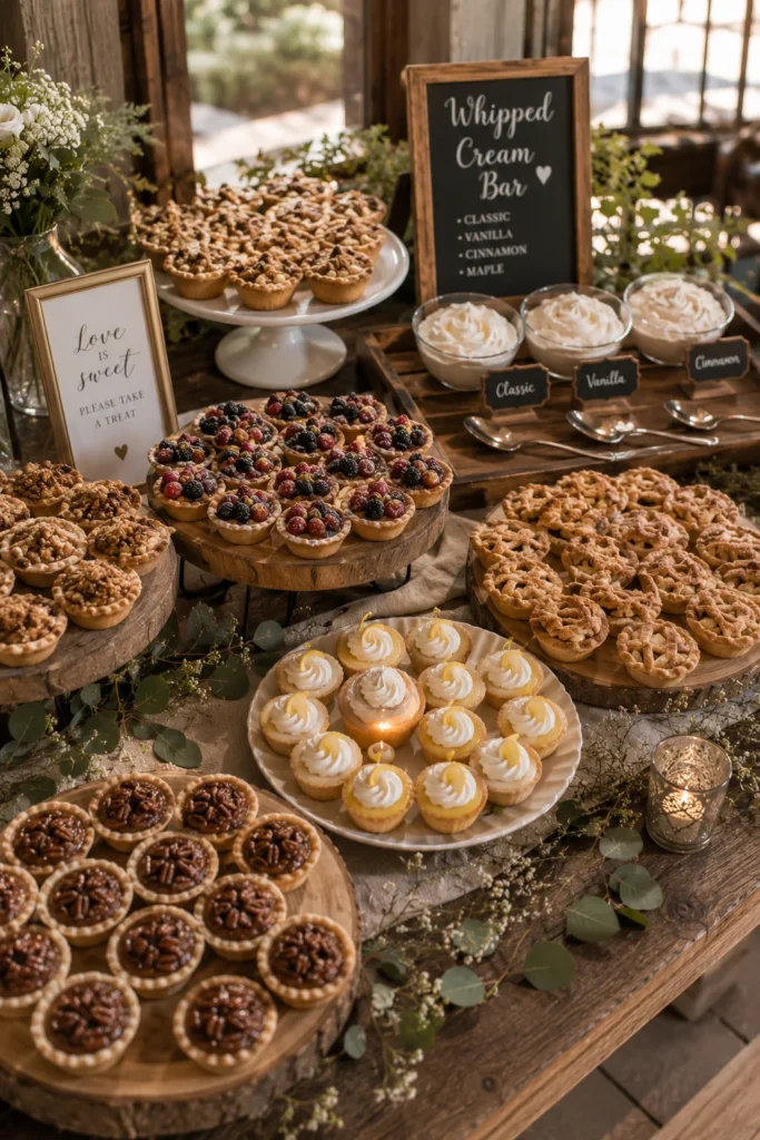 An assortment of mini pies and tarts — apple, pecan, lemon, berry — arranged on a rustic wooden table with a whipped cream station