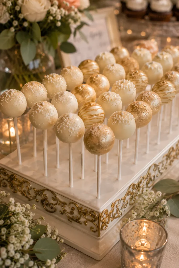 Rows of round cake pops dipped in ivory and gold shimmer coating, displayed upright in a decorative stand