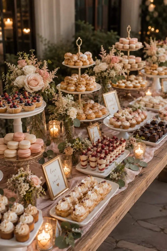  A long dessert table styled with varying height stands, small florals tucked between plates, and a mix of pastries in coordinating colors