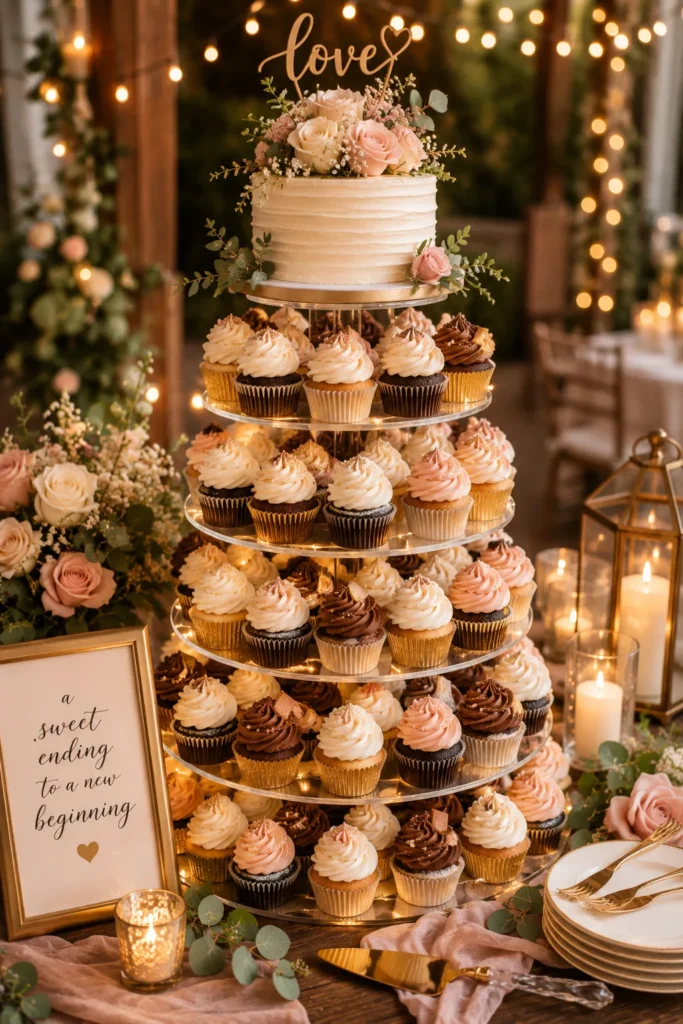 A tall cupcake tower with alternating flavors and piped buttercream swirls, topped with a small cake for cutting